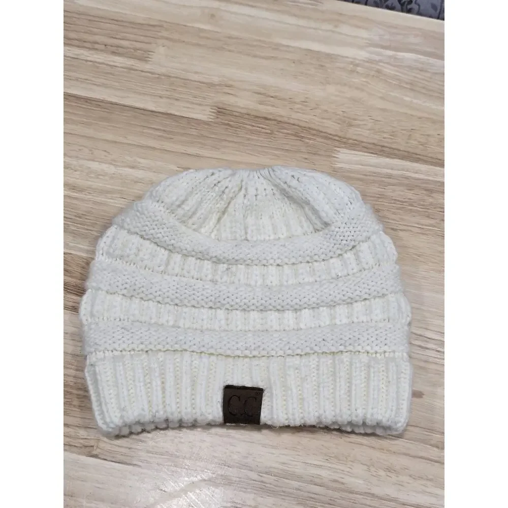 C.C Exclusive CC Beanie tail Ponytail Messy Bun Solid Ribbed Knit Beanie Hat